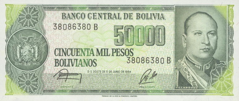 Front of Bolivia p170a: 50000 Pesos Bolivianos from 1984
