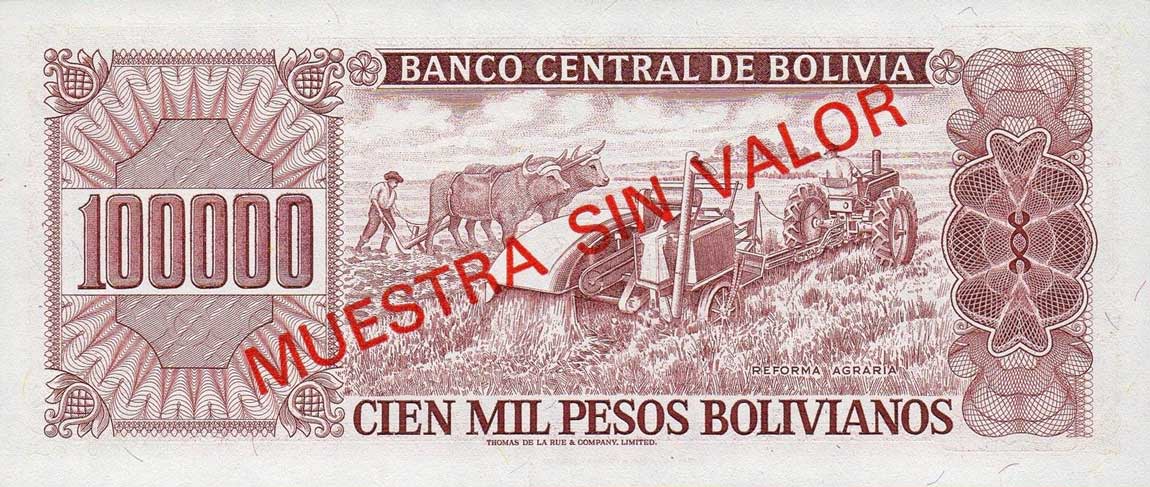 Back of Bolivia p171s: 100000 Pesos Bolivianos from 1985