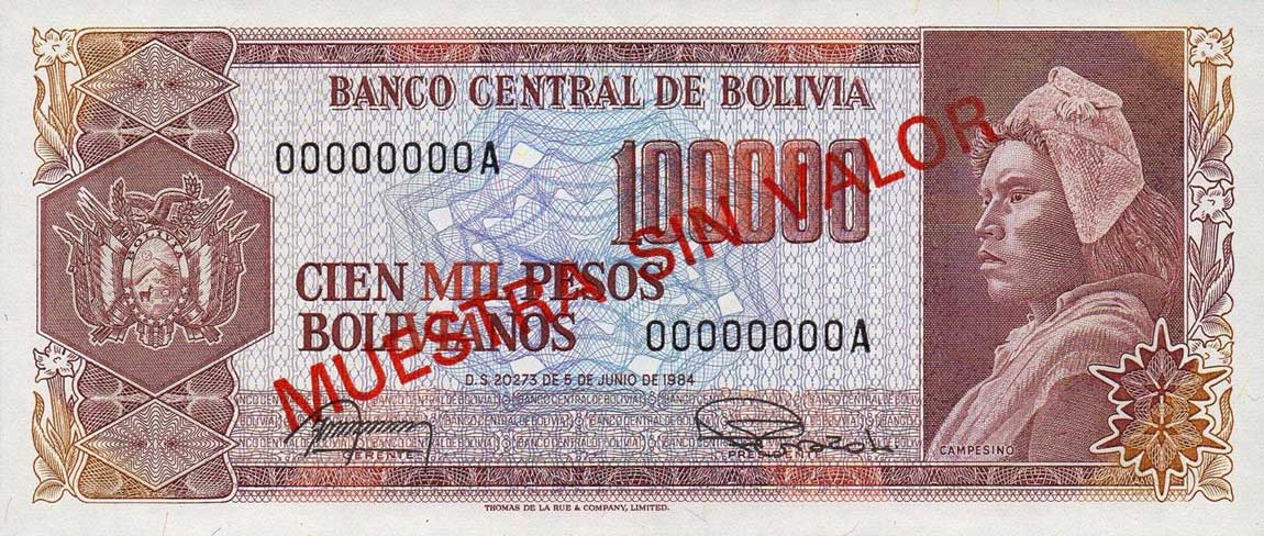 Front of Bolivia p171s: 100000 Pesos Bolivianos from 1985