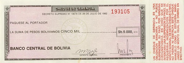 Front of Bolivia p172a: 5000 Pesos Bolivianos from 1982