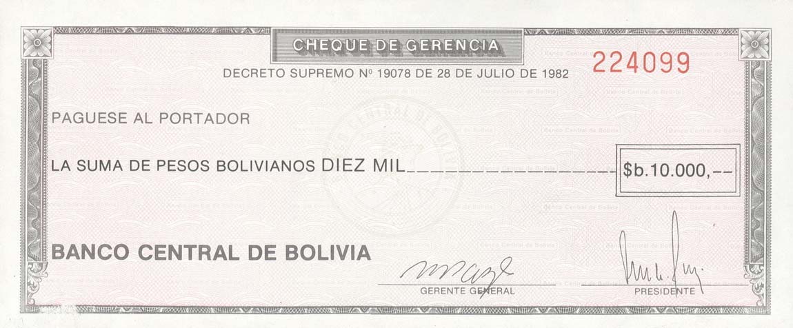 Front of Bolivia p173b: 10000 Pesos Bolivianos from 1982