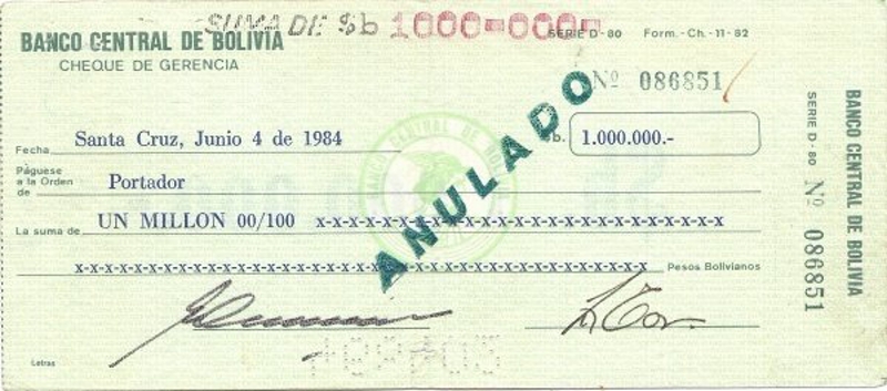 Front of Bolivia p178b: 1000000 Pesos Bolivianos from 1984