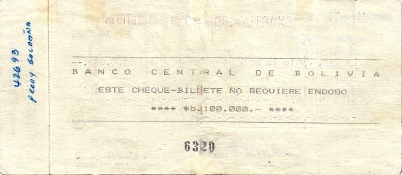 Back of Bolivia p180a: 100000 Pesos Bolivianos from 1984