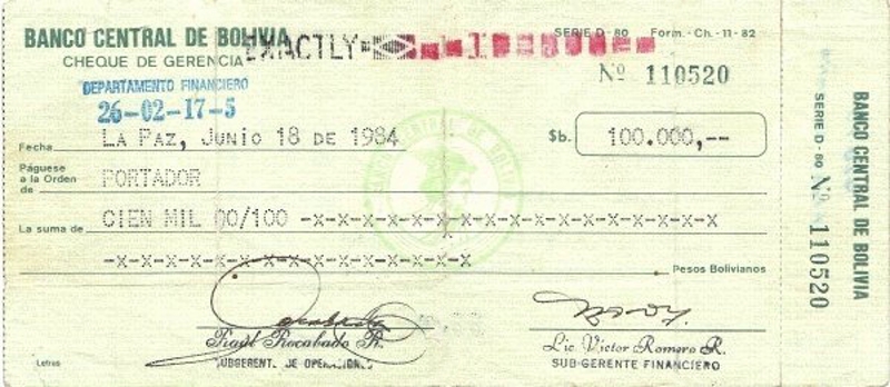 Front of Bolivia p180a: 100000 Pesos Bolivianos from 1984