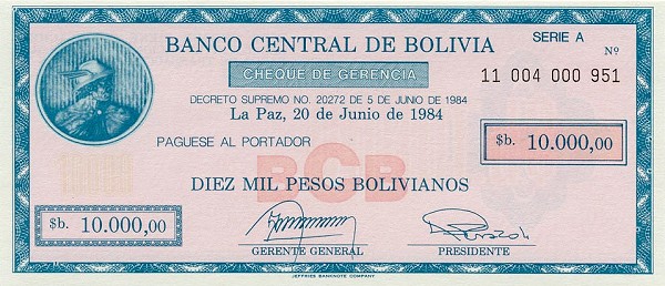 Front of Bolivia p186: 10000 Pesos Bolivianos from 1984