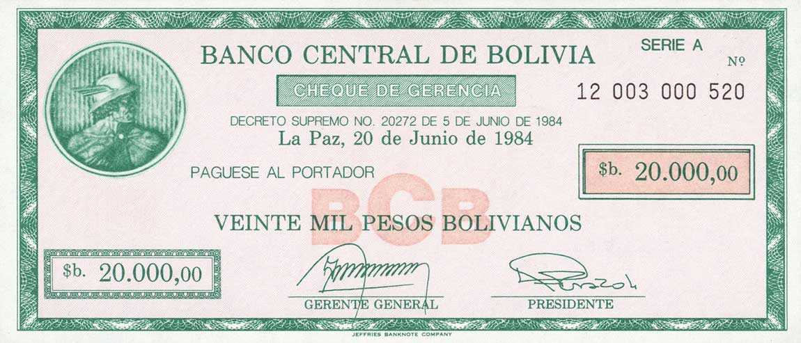 Front of Bolivia p187: 20000 Pesos Bolivianos from 1984