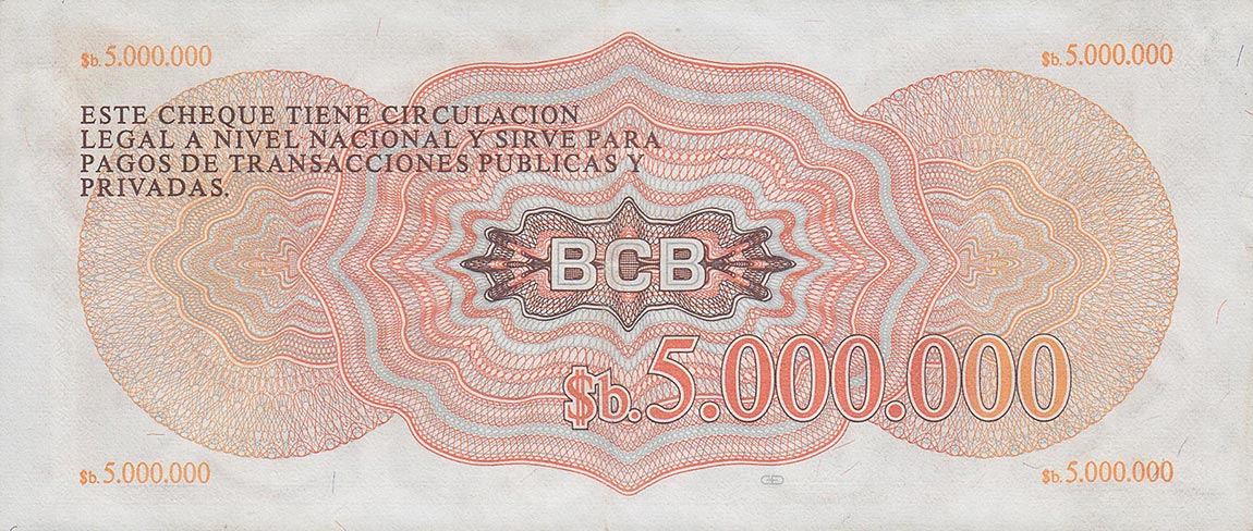 Back of Bolivia p191a: 5000000 Pesos Bolivianos from 1985