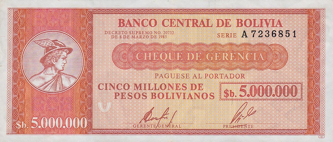 Front of Bolivia p191a: 5000000 Pesos Bolivianos from 1985