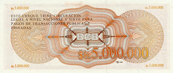 Back of Bolivia p192A: 5000000 Pesos Bolivianos from 1985