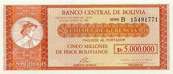 Front of Bolivia p192A: 5000000 Pesos Bolivianos from 1985