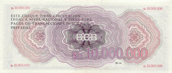 Back of Bolivia p192B: 10000000 Pesos Bolivianos from 1985