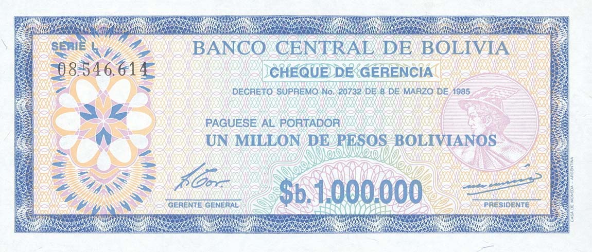 Front of Bolivia p192Ca: 1000000 Pesos Bolivianos from 1985