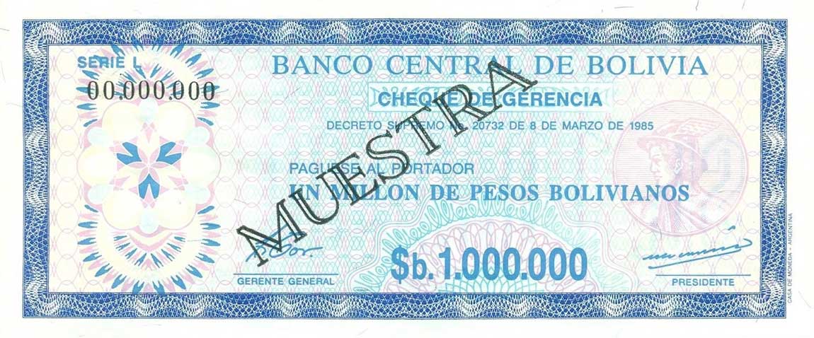 Front of Bolivia p192Cs: 1000000 Pesos Bolivianos from 1985