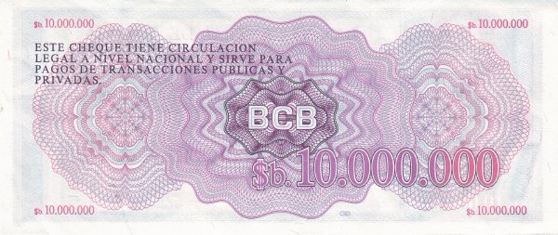 Back of Bolivia p192a: 10000000 Pesos Bolivianos from 1985