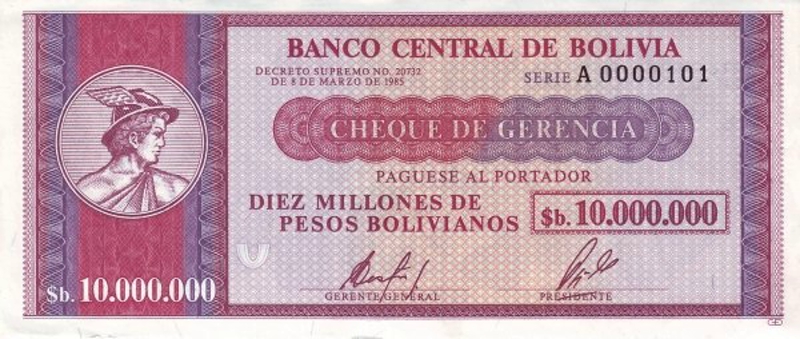 Front of Bolivia p192a: 10000000 Pesos Bolivianos from 1985