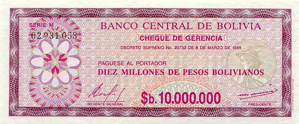 Front of Bolivia p194a: 10000000 Pesos Bolivianos from 1985