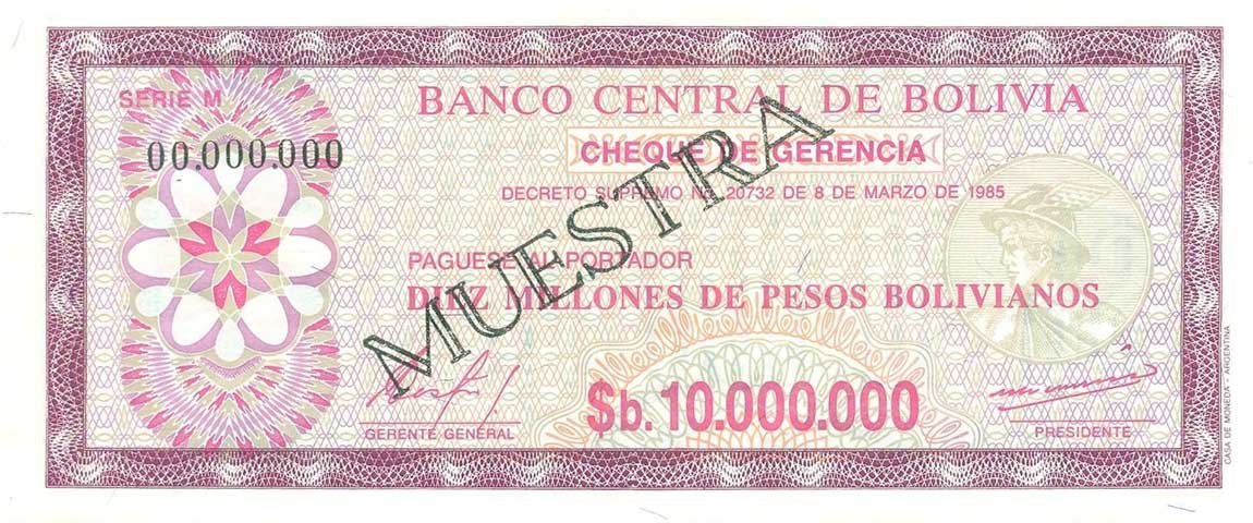 Front of Bolivia p194s: 10000000 Pesos Bolivianos from 1985