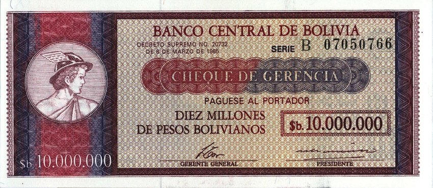 Front of Bolivia p201: 10 Boliviano from 1987