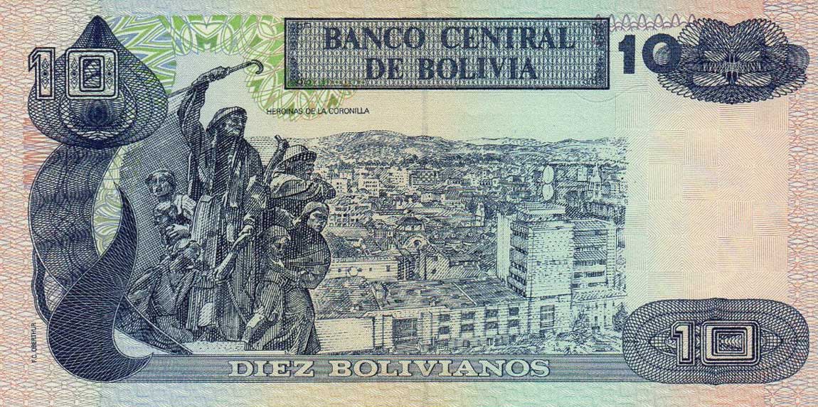 Back of Bolivia p204a: 10 Boliviano from 1987