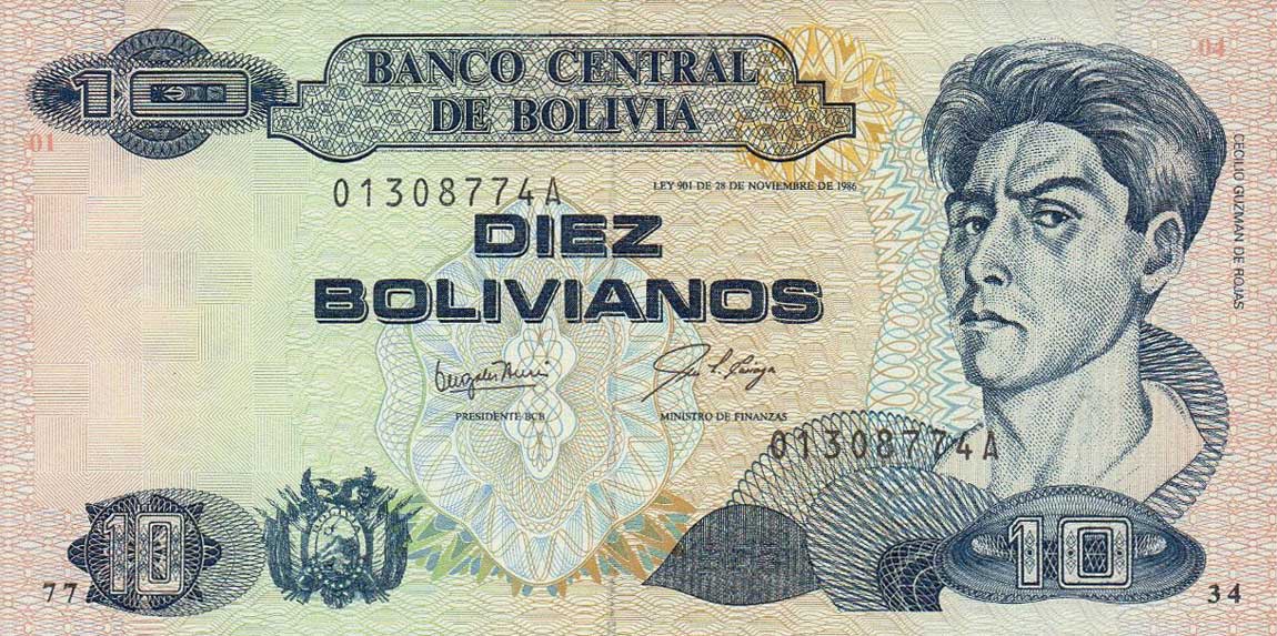 Front of Bolivia p204a: 10 Boliviano from 1987