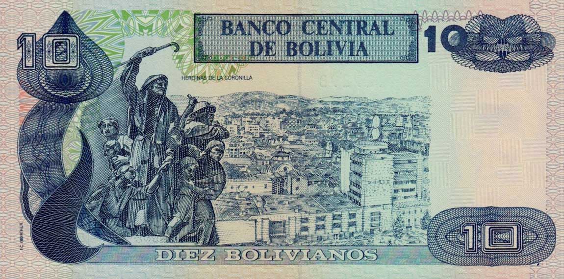 Back of Bolivia p204b: 10 Boliviano from 1990