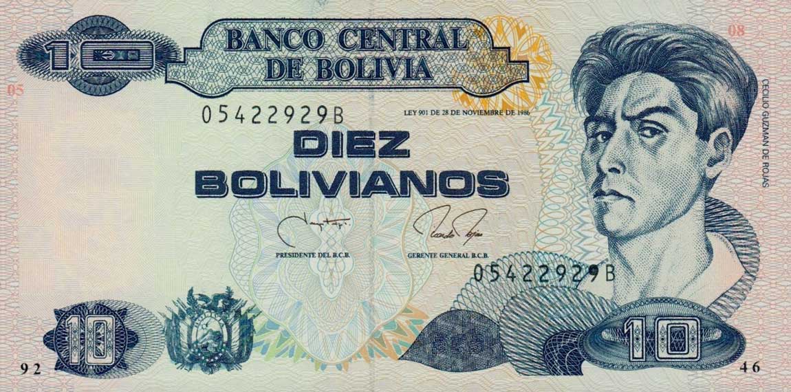 Front of Bolivia p204b: 10 Boliviano from 1990