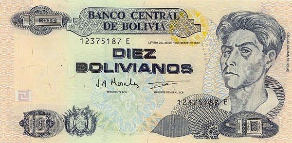 Front of Bolivia p204c: 10 Boliviano from 1997