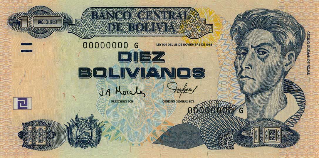 Front of Bolivia p204s: 10 Boliviano from 1987