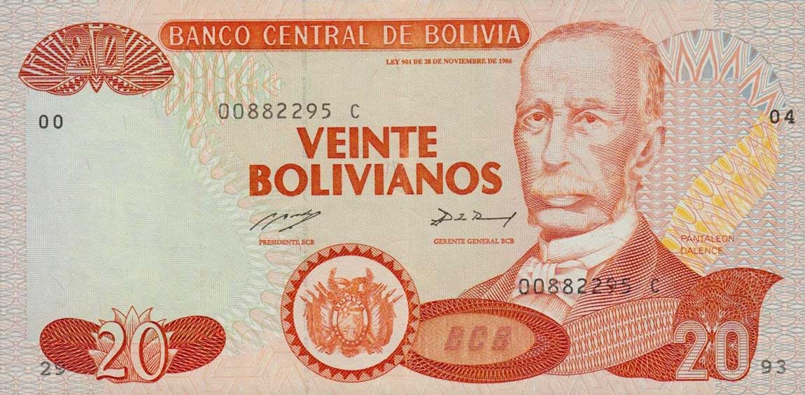 Front of Bolivia p211: 20 Boliviano from 1993