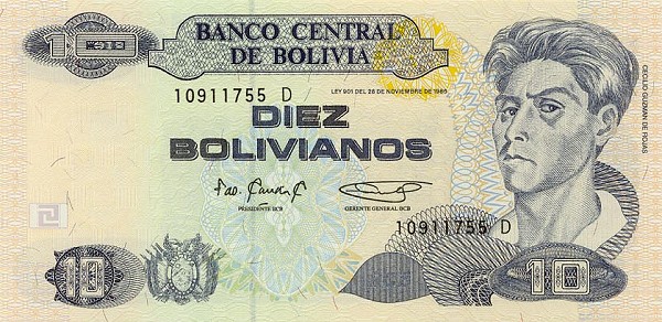 Front of Bolivia p218: 10 Boliviano from 1995