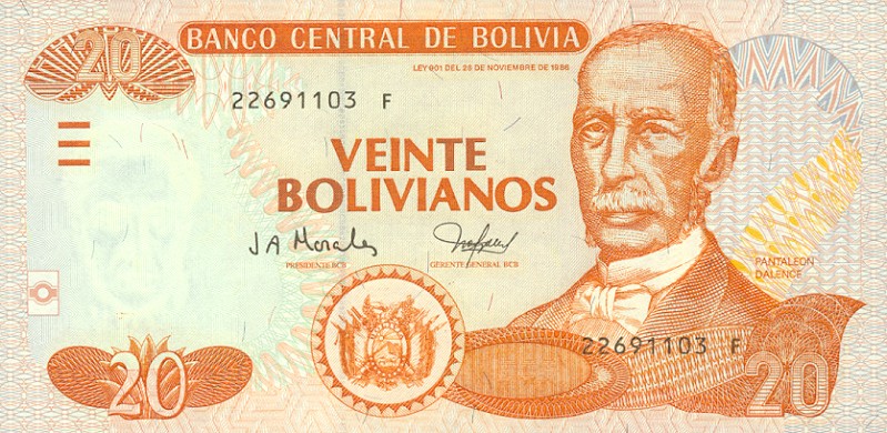 Front of Bolivia p224: 20 Boliviano from 2001