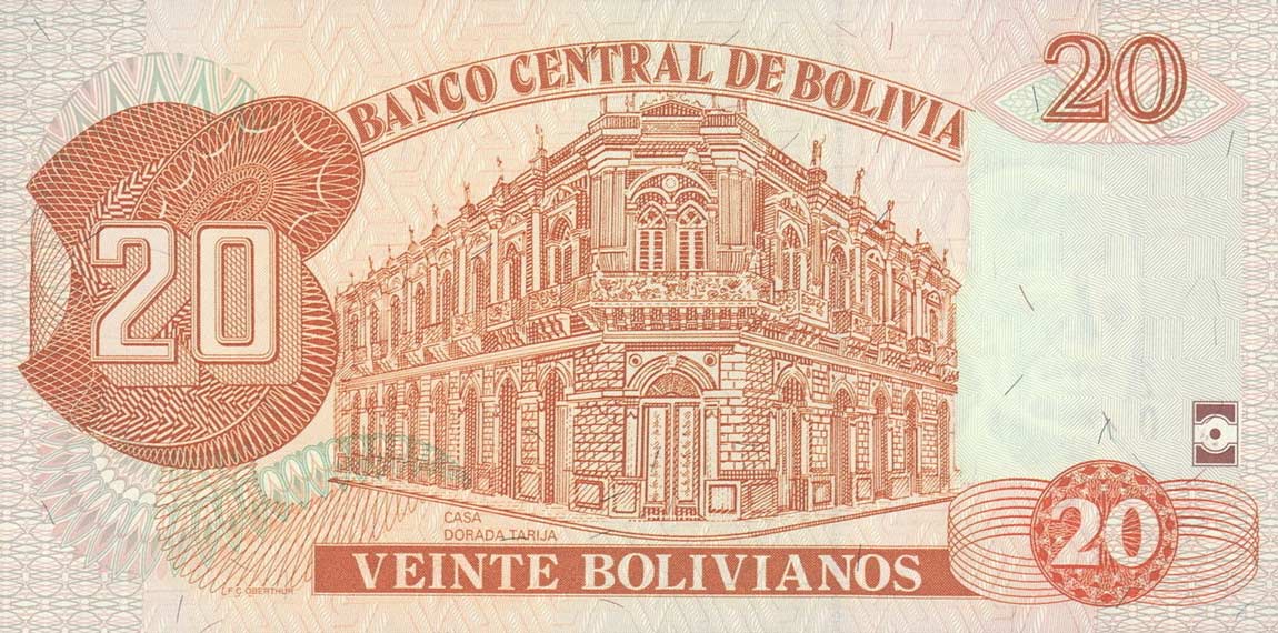 Back of Bolivia p229: 20 Boliviano from 2005