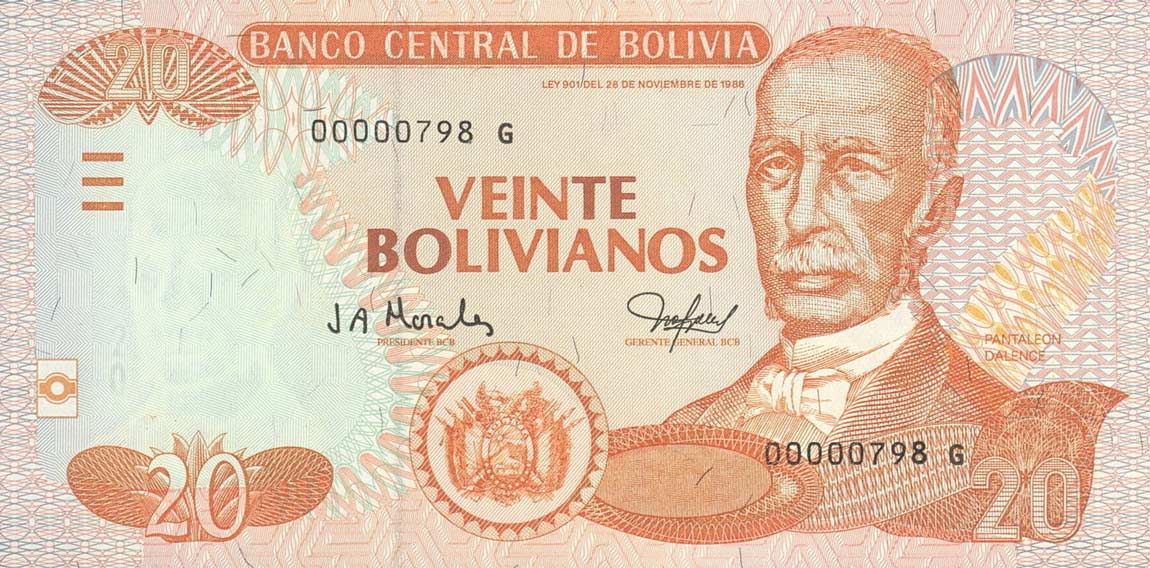 Front of Bolivia p229: 20 Boliviano from 2005