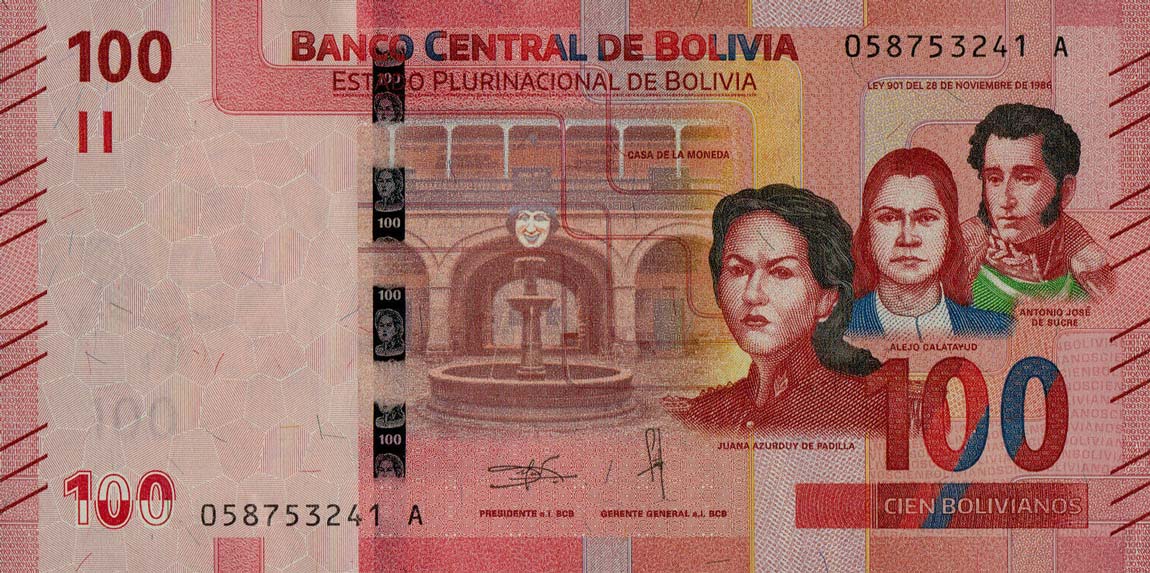 Front of Bolivia p251: 100 Bolivianos from 2018