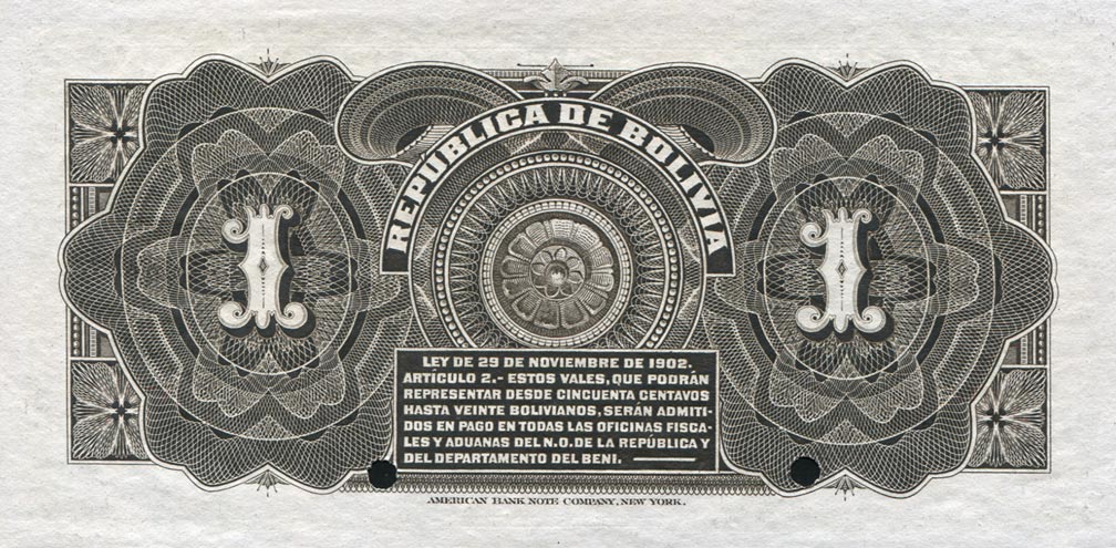 Back of Bolivia p92s: 1 Boliviano from 1902
