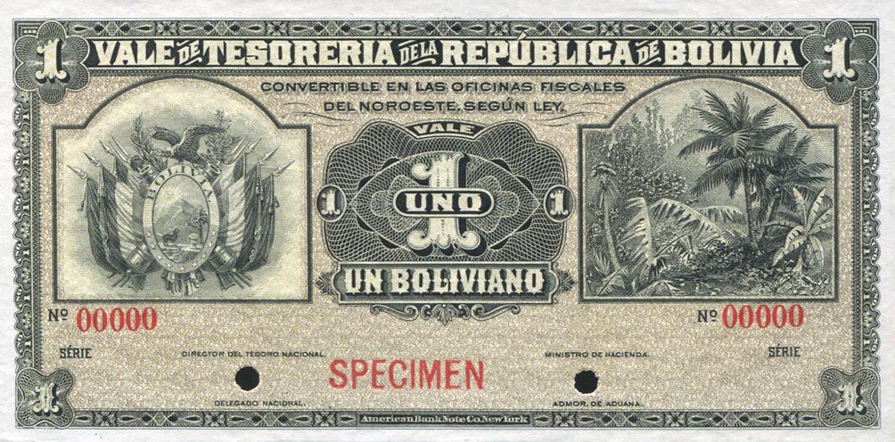 Front of Bolivia p92s: 1 Boliviano from 1902