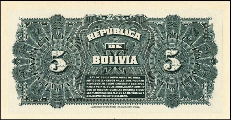 Back of Bolivia p93r: 5 Bolivianos from 1902