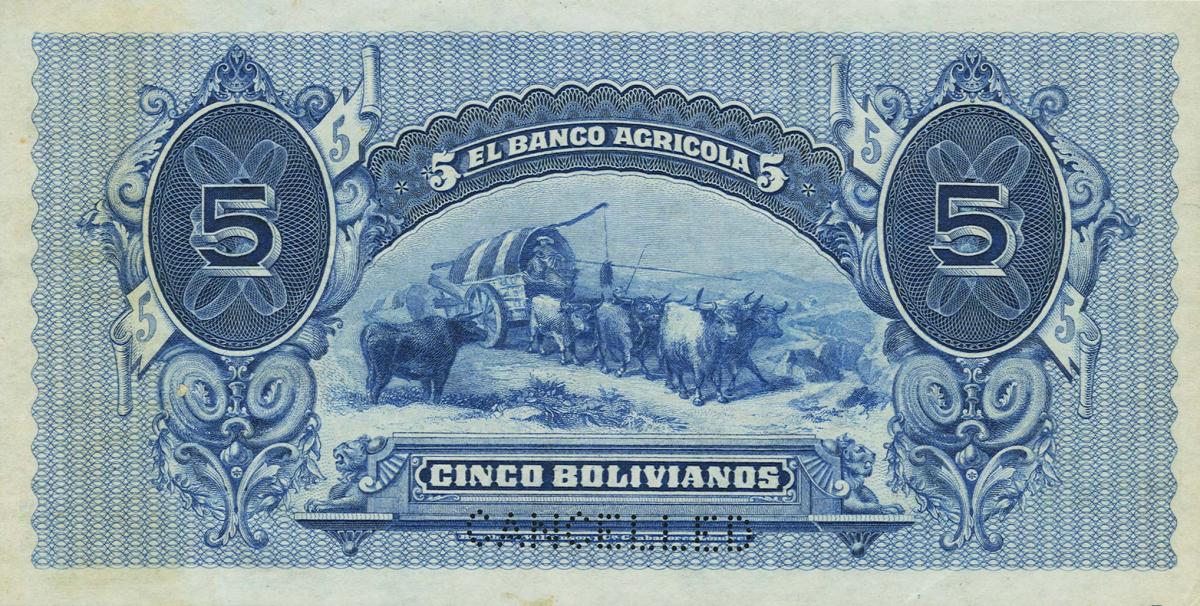 Back of Bolivia pS102s: 5 Bolivianos from 1903