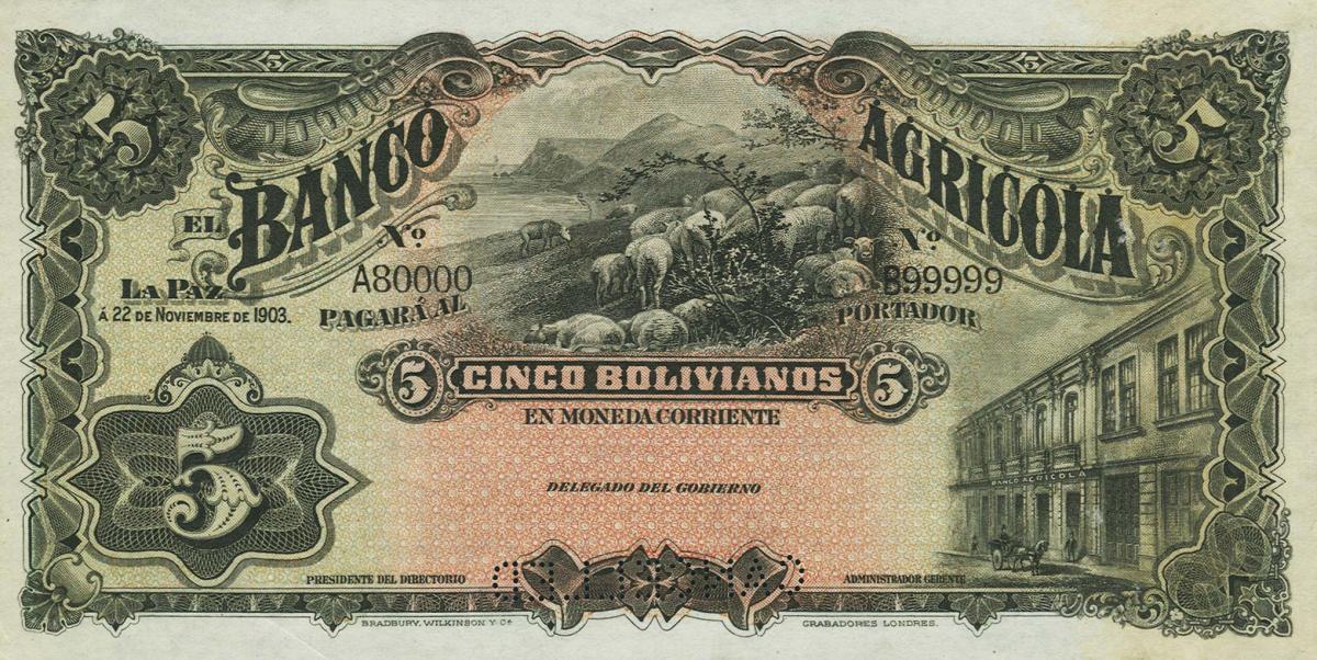 Front of Bolivia pS102s: 5 Bolivianos from 1903