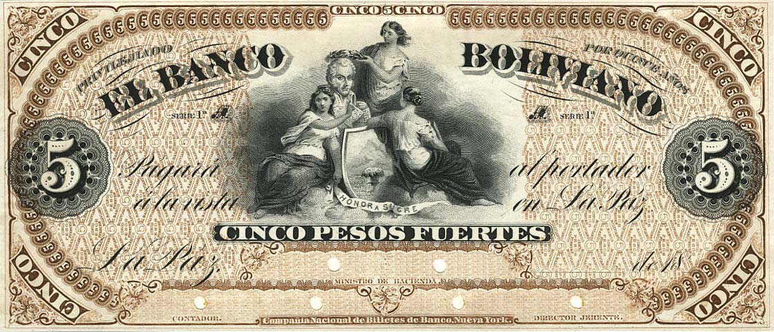 Front of Bolivia pS112: 5 Peso Fuerte from 1868