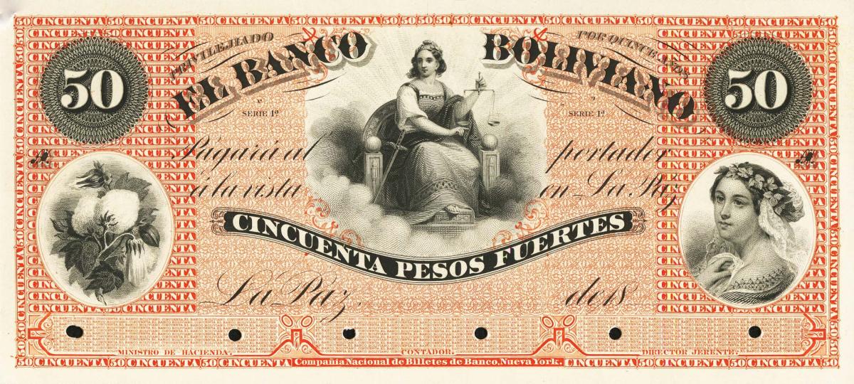 Front of Bolivia pS115p: 50 Peso Fuerte from 1868