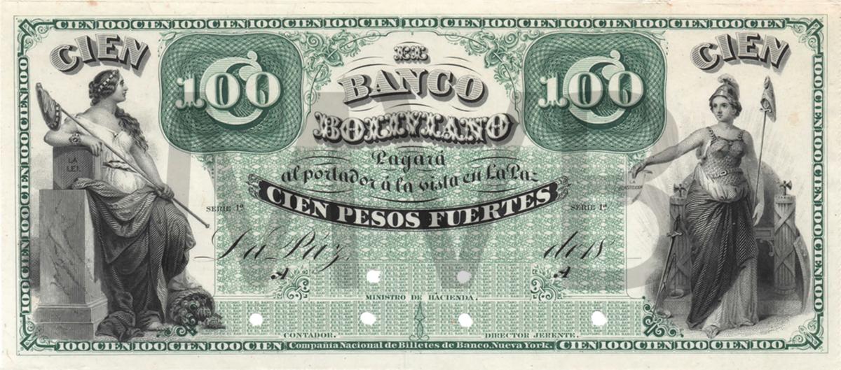 Front of Bolivia pS116: 100 Peso Fuerte from 1868