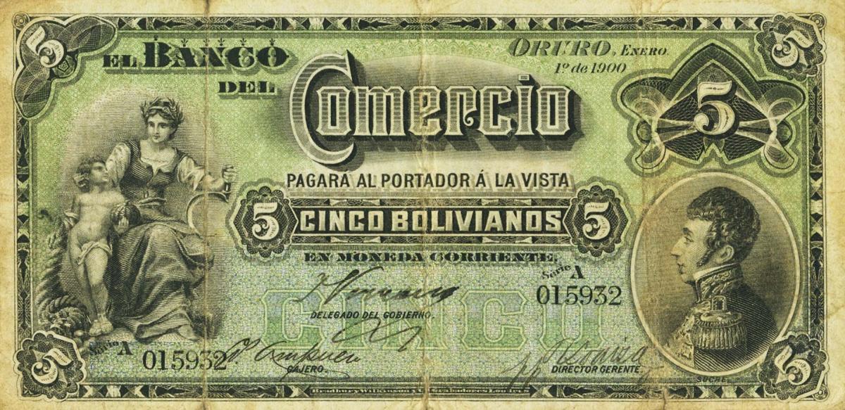 Front of Bolivia pS132: 5 Bolivianos from 1900