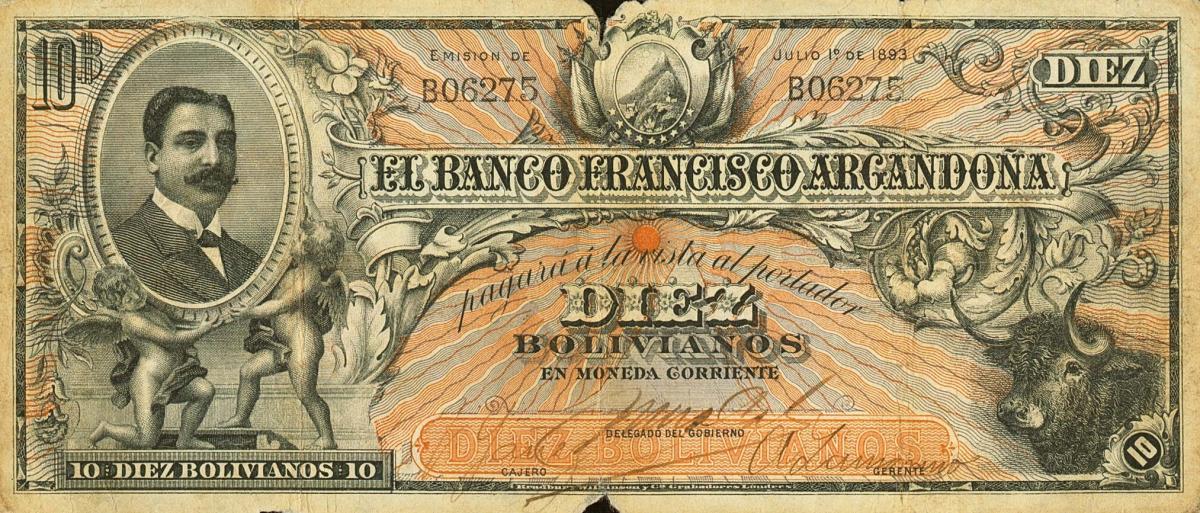 Front of Bolivia pS143: 10 Bolivianos from 1893