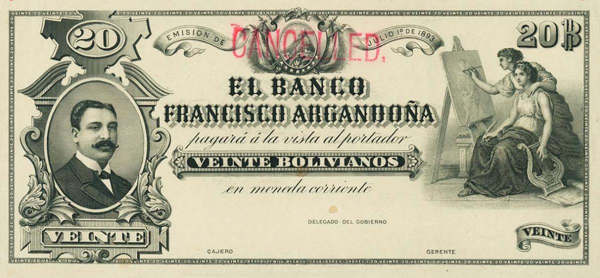Front of Bolivia pS144p: 20 Bolivianos from 1893