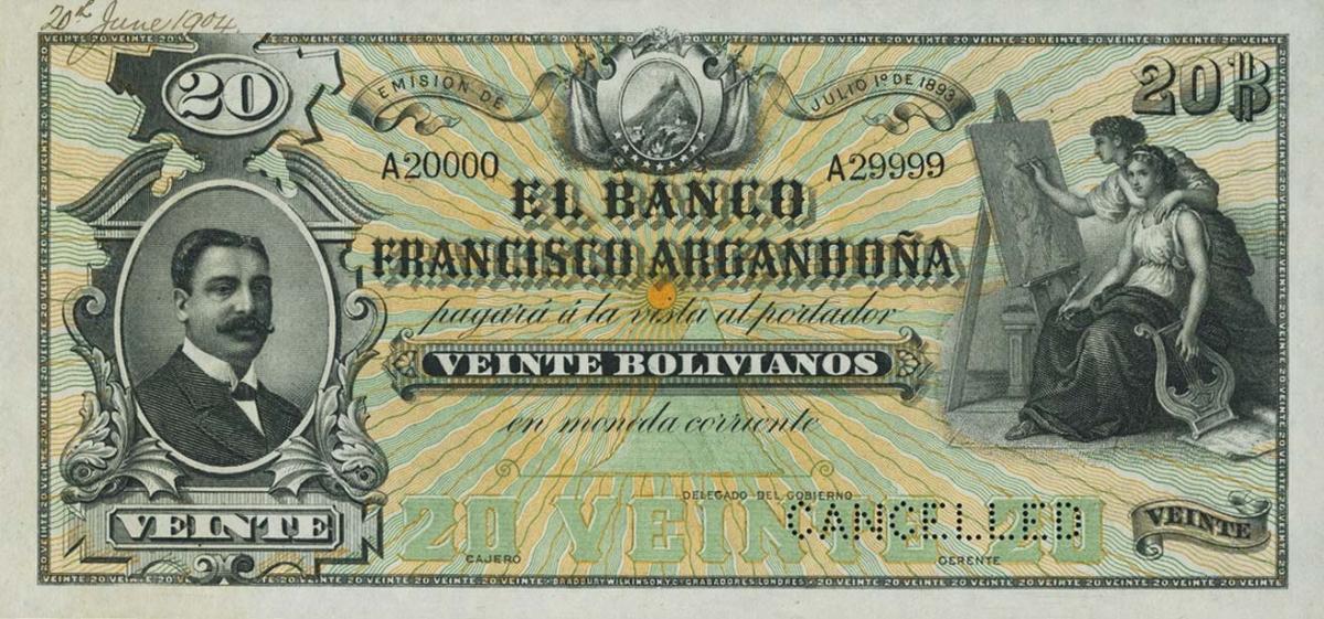 Front of Bolivia pS144s1: 20 Bolivianos from 1893