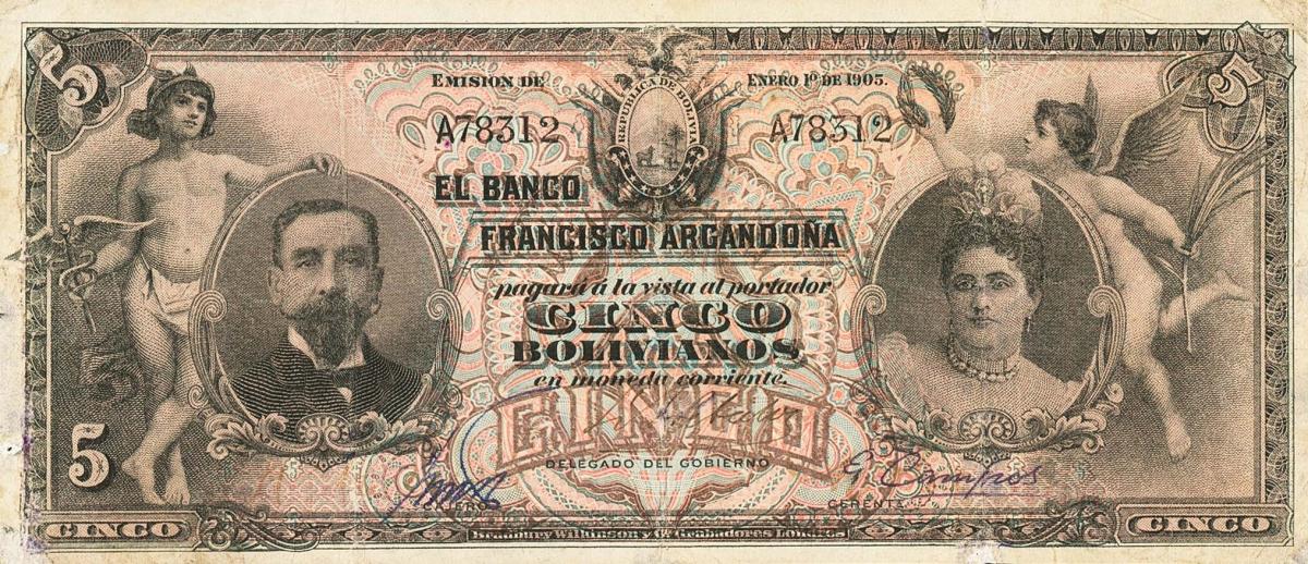 Front of Bolivia pS149: 5 Bolivianos from 1905