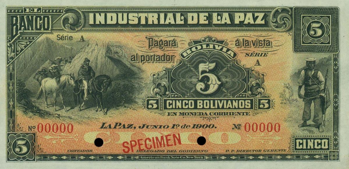 Front of Bolivia pS152s: 5 Bolivianos from 1900