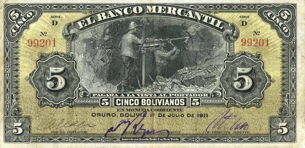 Front of Bolivia pS173b: 5 Bolivianos from 1911