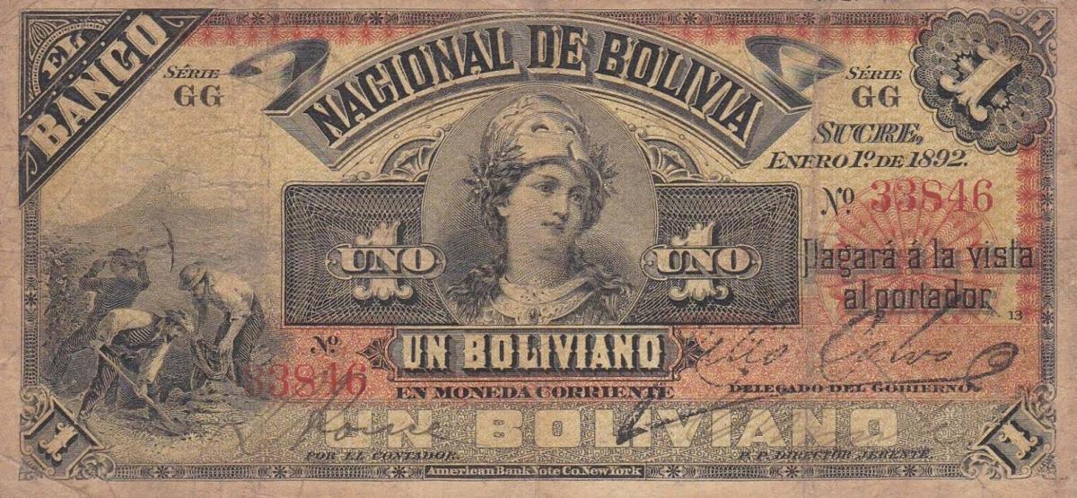 Front of Bolivia pS211a: 1 Boliviano from 1892